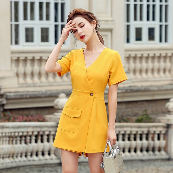 

new arrival fashion summer playsuit women office lady elegant temperament simple work style solid short jumpsuits, Black;white