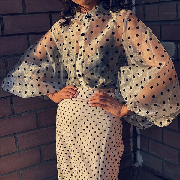 

women lace mesh sheer see through blouse long sleeve puff sleeve shirts polka dot printed puff sleeve button up blouse perspective, White