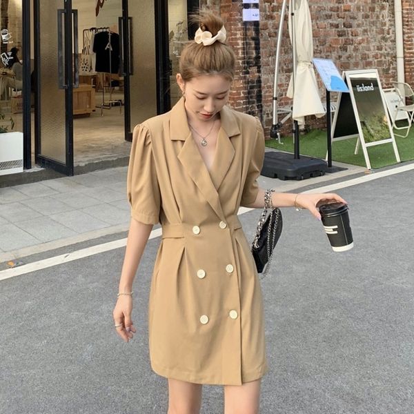 

mlplh summer korean style simple french style suit collar flesh-covering waist slimming double-breasted suit short sleeve for women dress dr, White;black