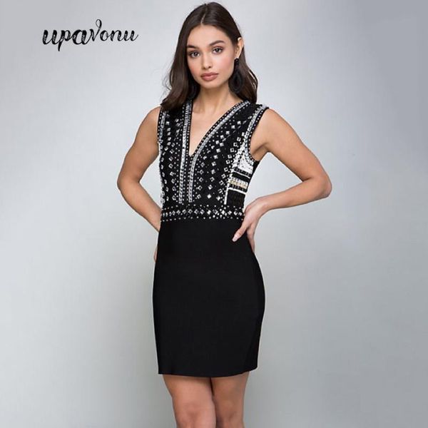 

2020 new summer bandage dress women's v-neck strap sleeveless beaded bodycon backless dress club party mini vestidos, Black;gray