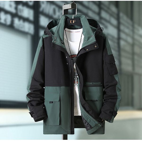 

4xl-10xl] 2020 осень мужская съемный капюшон куртки водонепроницаемый ветровка середины длинные стиль мода печати мужской повседневный zipp, Black;brown
