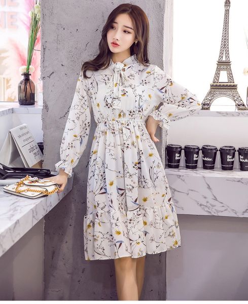 

korean chiffon women shirt dress 2019 autumn casual floral print long sleeves o neck office dress elegant ladies dresses vestido