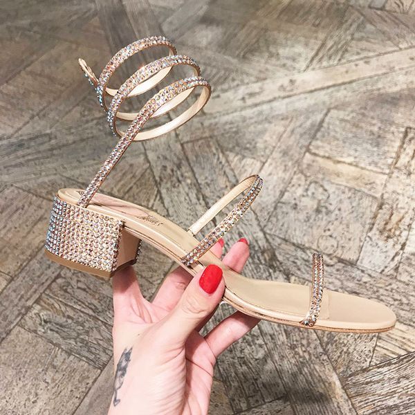 

bling crystal stud snake twined design casual sandals square heel summer beach sandals fashion fairy leather shoes, Black