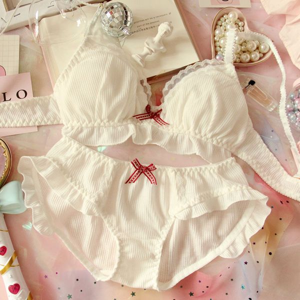 

japanese chiffon cute bra & panties set ruffles wiresoft underwear sleep intimates set kawaii lolita women underwear, Red;black