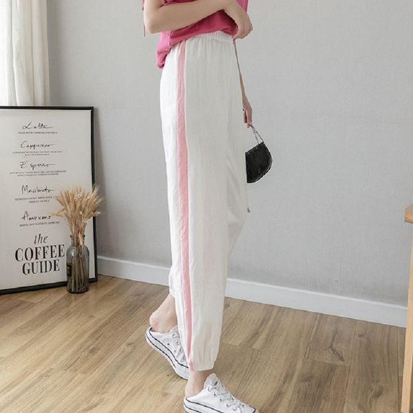

spring summer cotton linen ankle length pants women's casual trousers pencil casual pants striped green 's trousers, Black;white