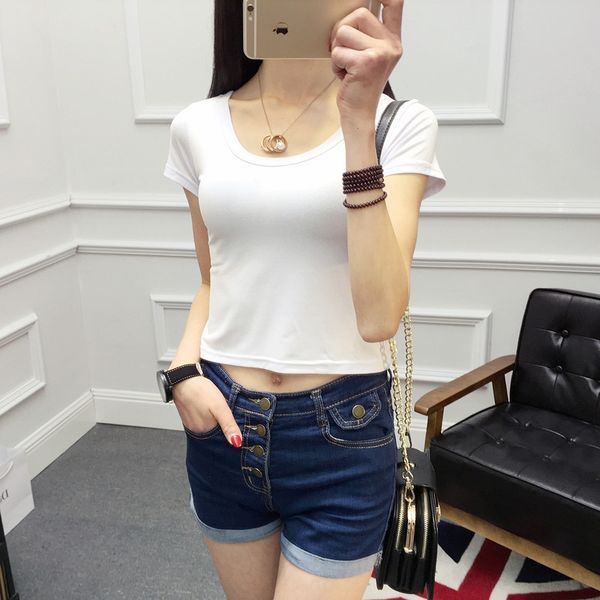

navel t- shirt solid color double u collar short sleeve high waist women's summer short suit navel base shirt t-shirt, White