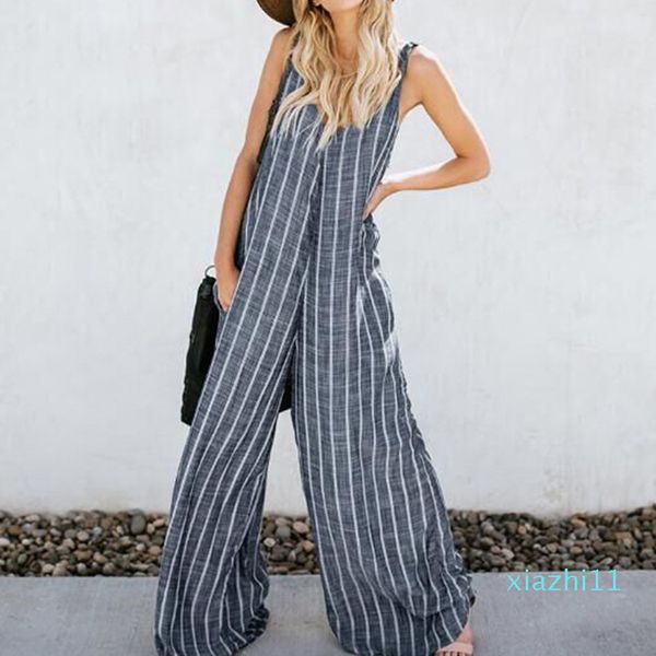 

2020 summer oversized loose wide leg pants jumpsuits women plus size v neck striped sleeveless work overalls romper xxxl, Black;white