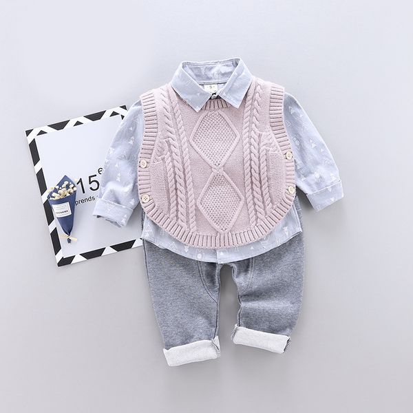 

keelorn 2020 new baby boy casual clothing set 3pcs knitted vest+ print long sleeve shirt + solid pant kids boys autumn suits, White