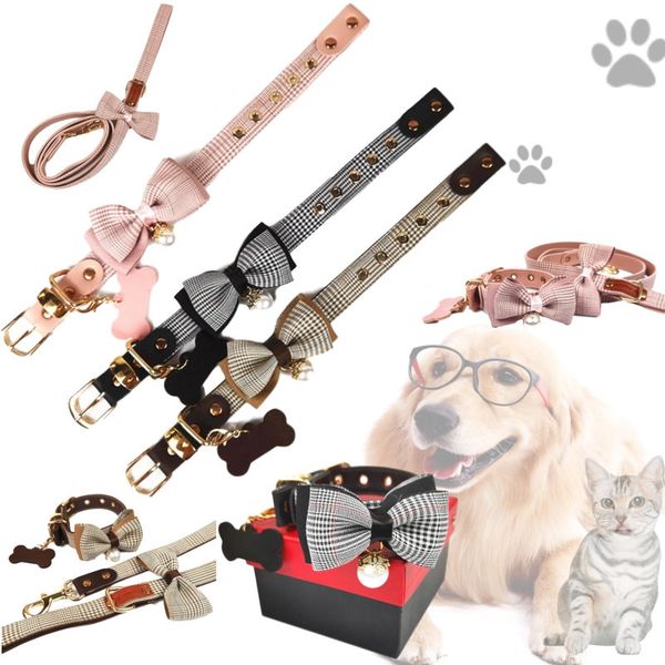 

Stylish Plaid Pattern Pet Collar INS Style Bow Knot Design Pet Leashes All Seasons Lovely Charm Schnauzer Bulldog Collars Leashes