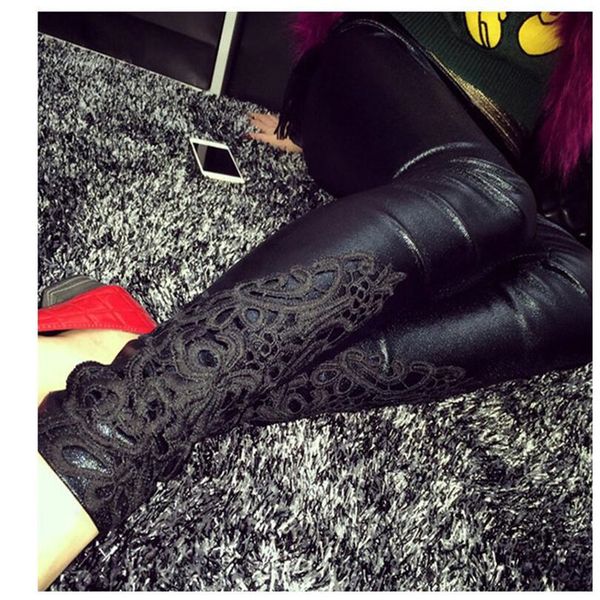 

s 5xl leggings feminino faux leather women lace decoration high waist black jeggings thin leggins plus size 5xl 3xl xxl