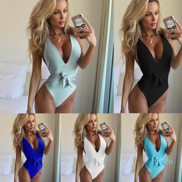 

wholesale-2pcs/set 2018 halter deep v front bow knotted bandage trikini bodysuit swim bathing suit monokini swimwear one piece swimsuit