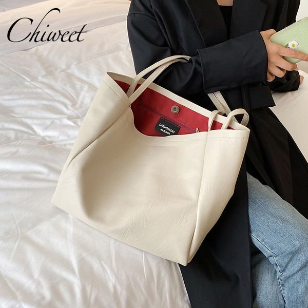 

chic luxury simple casual tote women leather handbags brand large capacity shoulder bags white black designer bucket bag female t200714