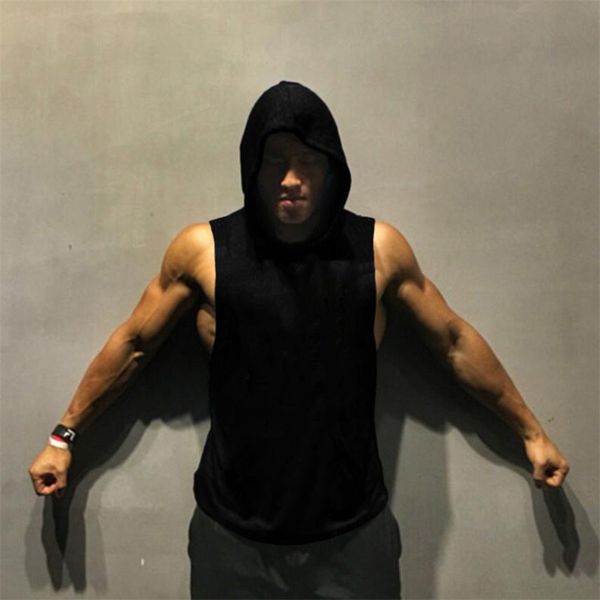 

brand sports clothing mens workout hooded tank muscle sleeveless t shirt gym hoodies bodybuilding and fitness running vest, Black;blue
