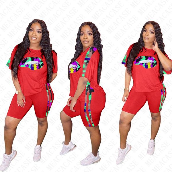 

women tracksuit letters camouflage lips printing short sleeves t shirt shorts patchwork two pieces outfits plus sports suit d7713, White