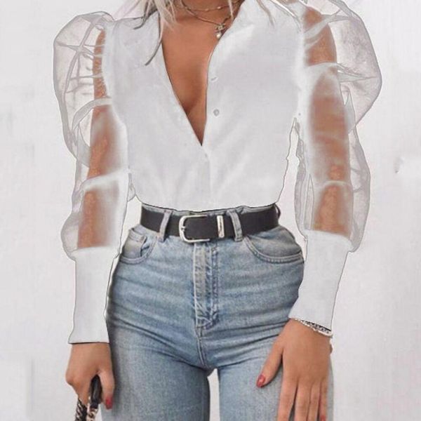 

neck autumn winter solid color womens designer shirts see through panelled female blouses puff sleeve womens blouses deep v, White