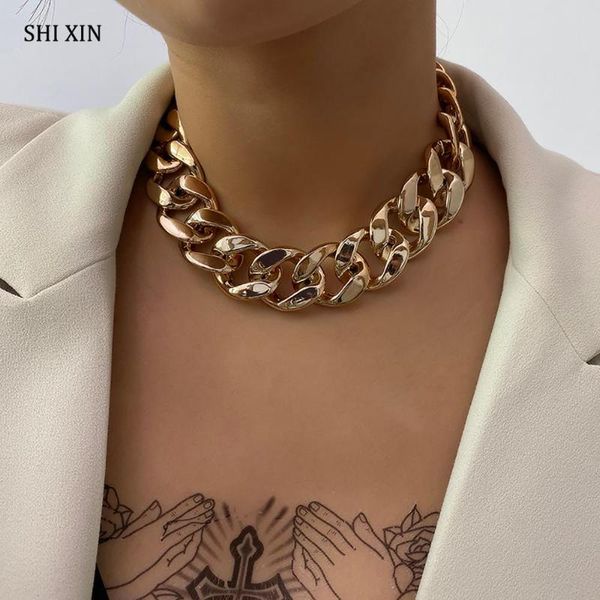 

shixin ccb material hiphop thick chain necklace for women fashion cuban link chain short choker collar chunky necklace statement, Silver