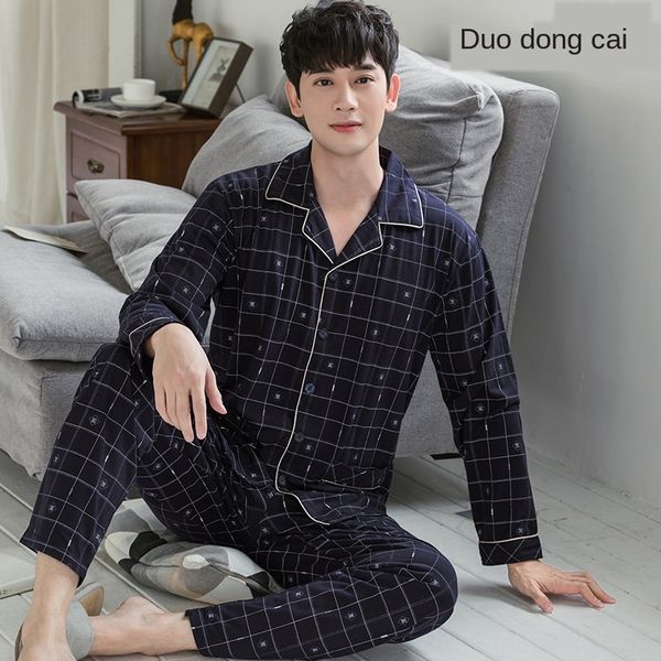 

rkdef new cotton pajamas men's autumn and winter cardigan home clothes set lapel long sleeve trousers large size loose men's home, Black;brown