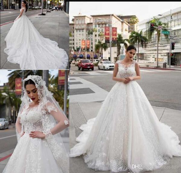

2021 elegant lace wedding dresses bride ball gown moroccan modest tulle bridal dress appliques party wear, White