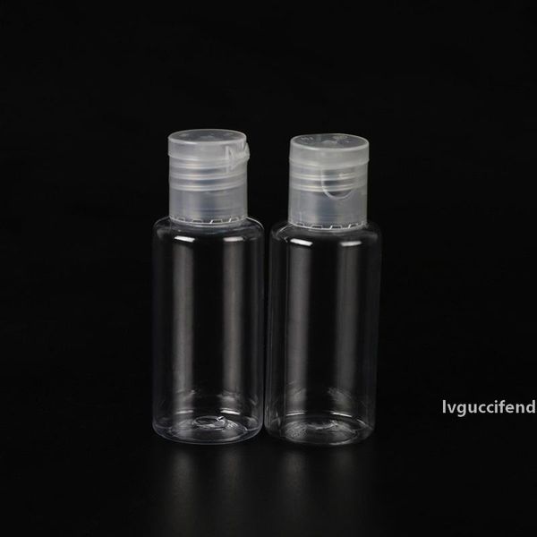 

30ml empty hand sanitizer pet plastic bottle with flip cap round shape flat shoulder bottle for makeup fluid disinfectant liquid