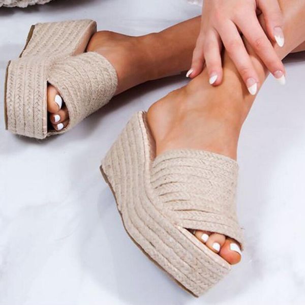 

platform slippers women open toe wedges sandals ladies summer high heels espadrilles shoes plus size flip flops, Black