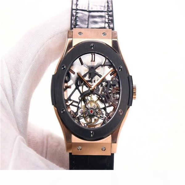 

jb factory real tourbillon manual chain movement 6010 watch by 42mm hollow dial 181k rose gold natural rubber watchband sapphire crystal gla, Slivery;brown