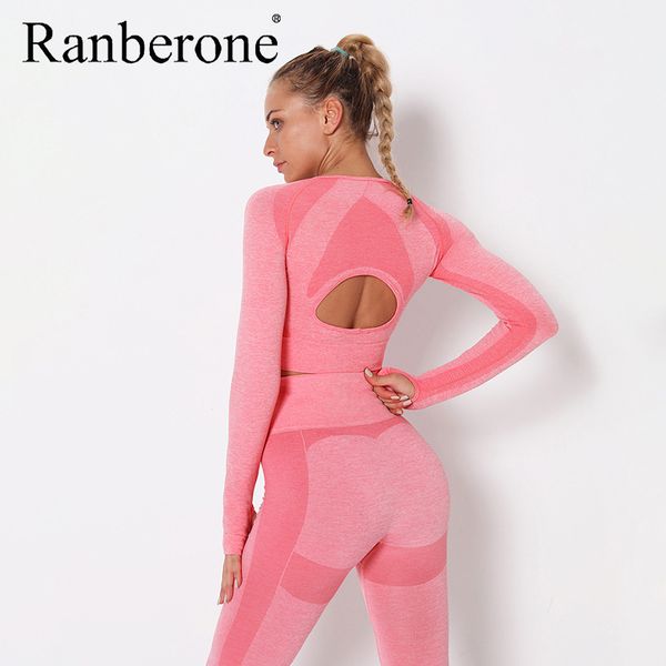 

ranberone seamless yoga gym workout long sleeve for women fitness gym clothing running yoga shirt active wear, White;red