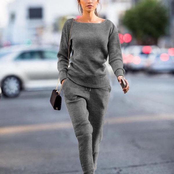 

2020 women 2pcs knitted sports sets sweater tracksuit autumn winter slim o-neck hoodies sweatshirts pants daily suits sportswear, Black;blue