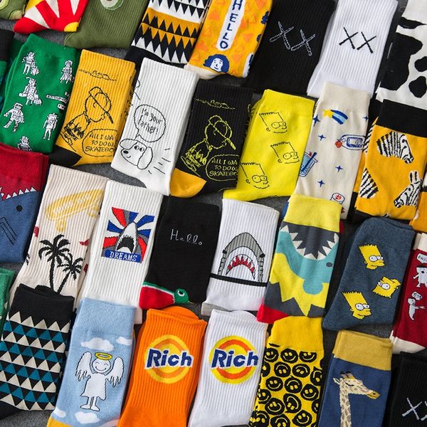 

kgwo5 5 pairs of simpson stockings stockings cartoon mid-length socks men's and women's street trendy ins internet popularstyle ha, Black