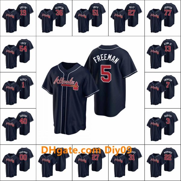 

atlantabraves 13 ronald acuna jr. 7 dansby swanson 1 ozzie albies men women youth custom navy 2020 replica alternate jersey, Black