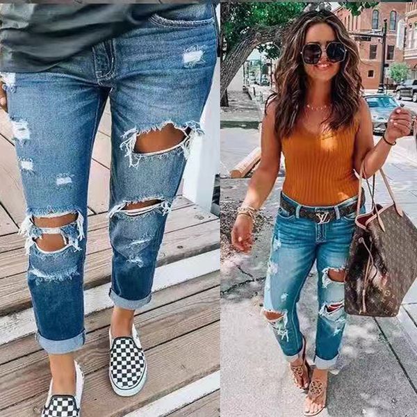 

e-baihui european and american selling ripped jeans personalized women's jeans casual pencil pants with small feet 2662, Blue