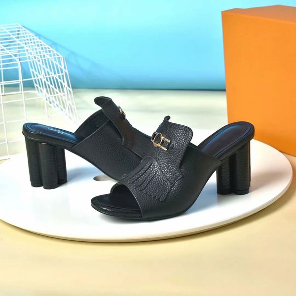

with box woman slippers heels shoe sandals real leather slippers fashion scuffs slippers casual shoes for women l1705, Black