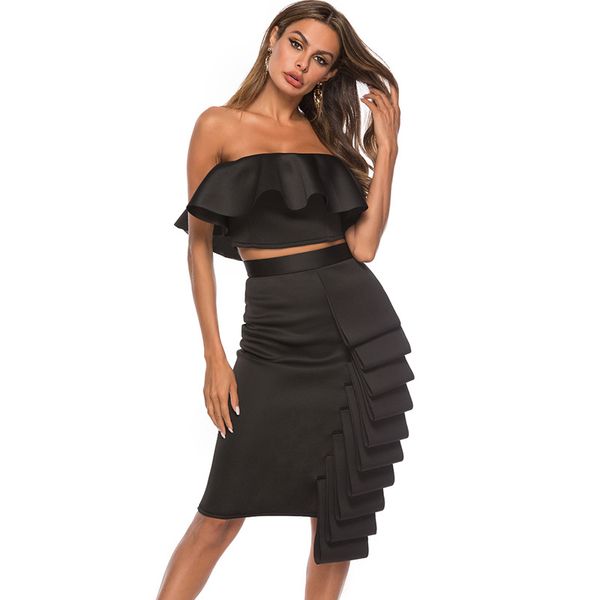 

cascading ruffles strapless womens 2pcs exposed navel summer two piece dress casual skinny high waist clothing, White