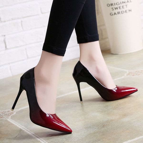

2020 shadow women shoes pointed toe pumps patent leather dress wine red 10cm high heels boat shoes wedding shoes, Black