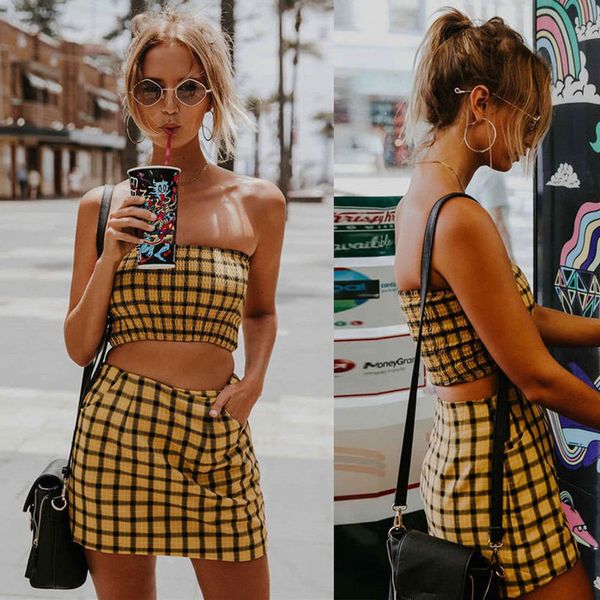 

2019 women girls yellow plaid sets strapless corset mini skirts summer 2pcs women clothing arrival crop +skirts streetwear, Gray