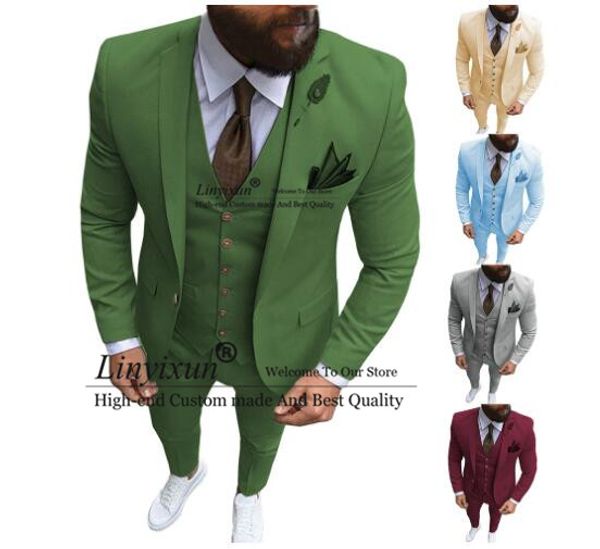 

formal men's suits slim fit 3 pieces prom tuxedos olive green solid jacket wedding grooms blazer vest pants 2020, White;black