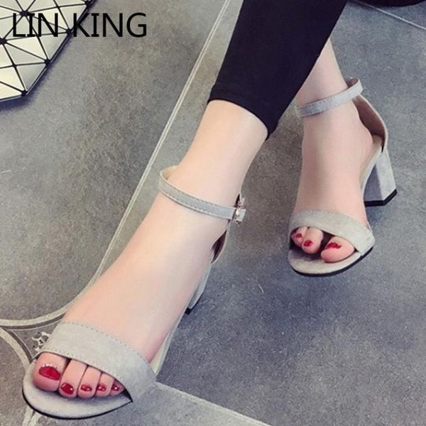 

sandals lin king square heel women thick sole high solid open toe sandalias ladies buckle summer office work shoes, Black