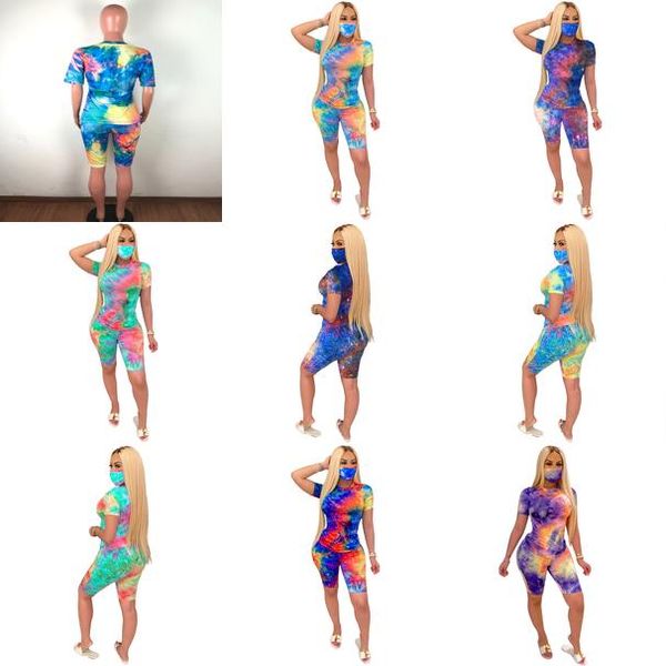 

ladies 3 piece outfits sets with face mask summer wholesale clothes tie dye t shirt biker shorts tracksuits clubwear sportswear casual 3 vfn, Gray