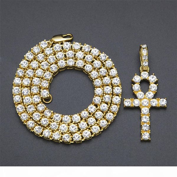 

hip hop iced out rhinestone crystal key to life egypt cross ankh pendant necklace with tennis chain, Silver