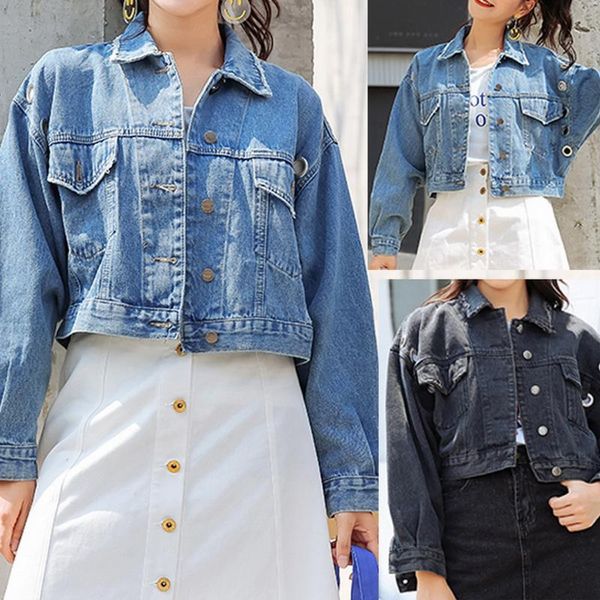 

2020 boyfriend jean jacket women oversized crop denim jackets vintage long sleeve short jacket casual loose black bomber, Black;brown