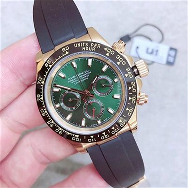 

u1 factory 40mm green dial perpetual sapphire mens watches automatic movement watch ceramic bezel durable black rubber band wristwatches, Slivery;brown