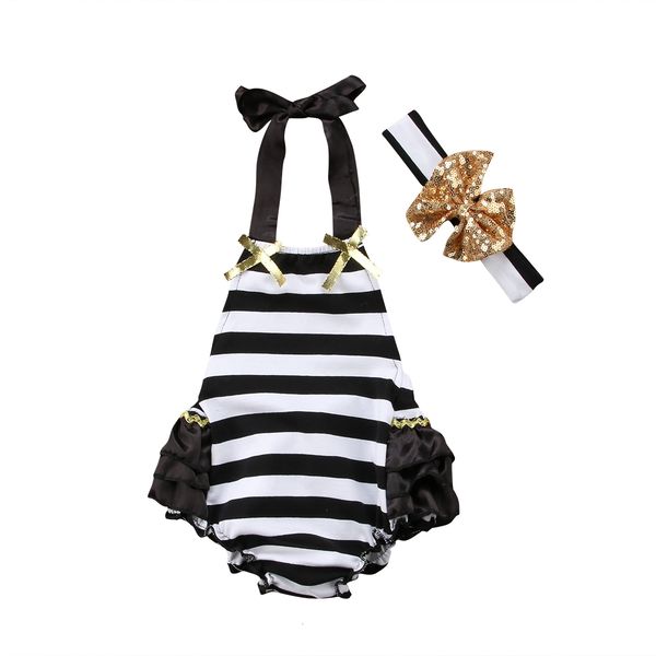 

new infant newborn baby girls striped lace summer ruffle jumpsuit sunsuit outfits set with headkerchief, Blue