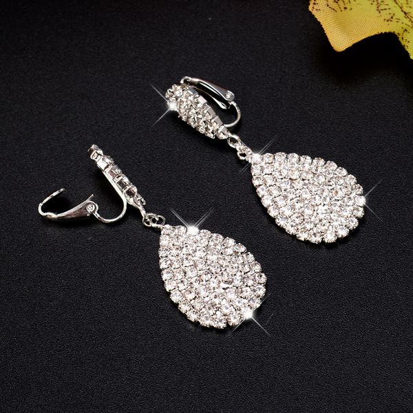 

shining luxurious austrian crystal full clip earrings without piercing clip on earring for women wedding party prom jewelry, Silver