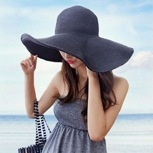 

korean style solid straw sunscreen color big edge travel sun beach female season sunscreen hat straw hat stylish foldable, Blue;gray