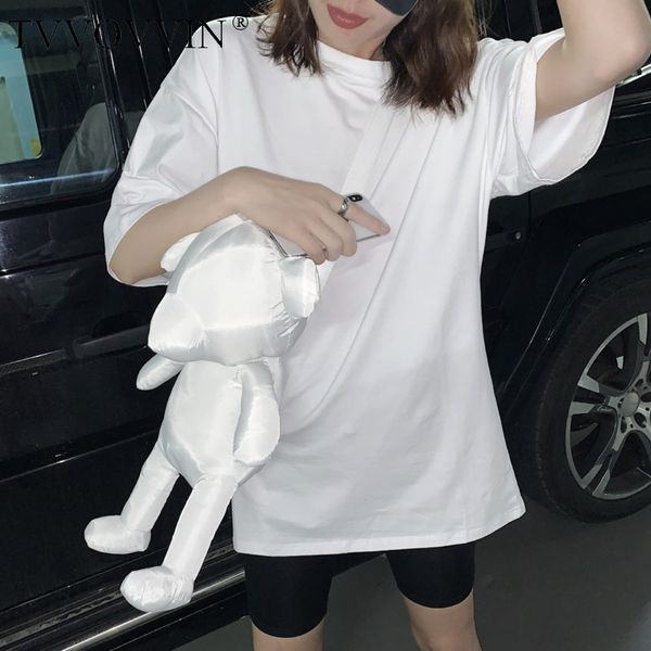 

tvvovvin 2020 new t-shirt solid round neck pullover short sleeve loose casual backpack fashion girl female streetwear bx038, White