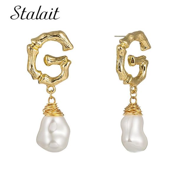 

vintage 26 letter freshwater pearl earrings shell gold color metal bamboo alphabet drop earrings for women, Silver