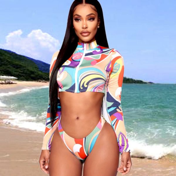 

new 2020 women long sleeve zipper tankinis swimwear swimsuit bikini 2 piece set s xl printed summer, White;black