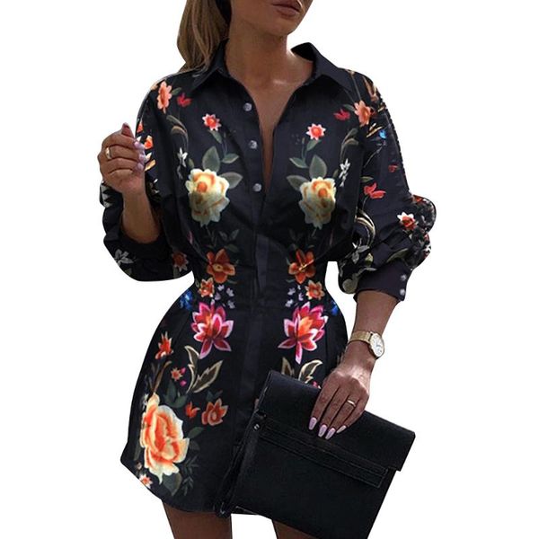 

2020 women autumn fashion floral printed turn-down collar shirt female elegant lantern sleeve button decor blouse d30, White