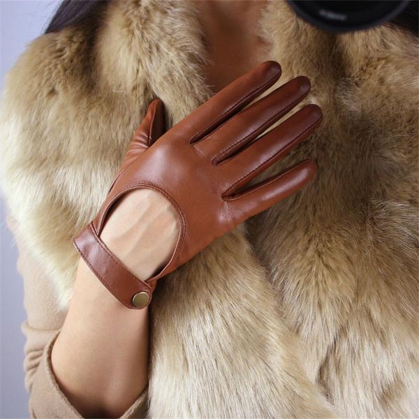 

touchscreen genuine leather woman gloves pure sheepskin locomotive exposing the back of the hand short style nylon lined tb94 y191024, Blue;gray