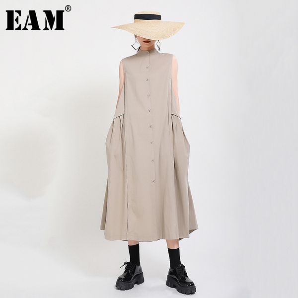 

eam] women khaki split pleated long shirt dress new stand collar sleeveless loose fit fashion tide spring summer 2020 1y353, Black;gray