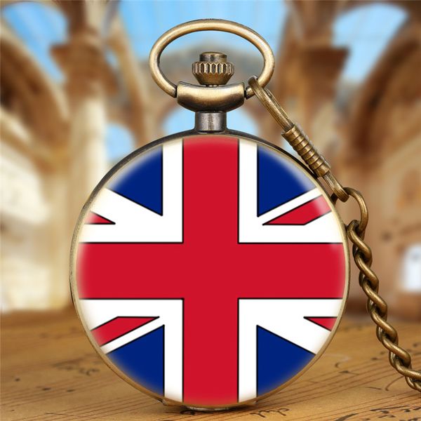 

steampunk retro watches united kingdom flag design vintage men women quartz analog pocket watch fob clock with pendant chain gift sounvenir, Slivery;golden